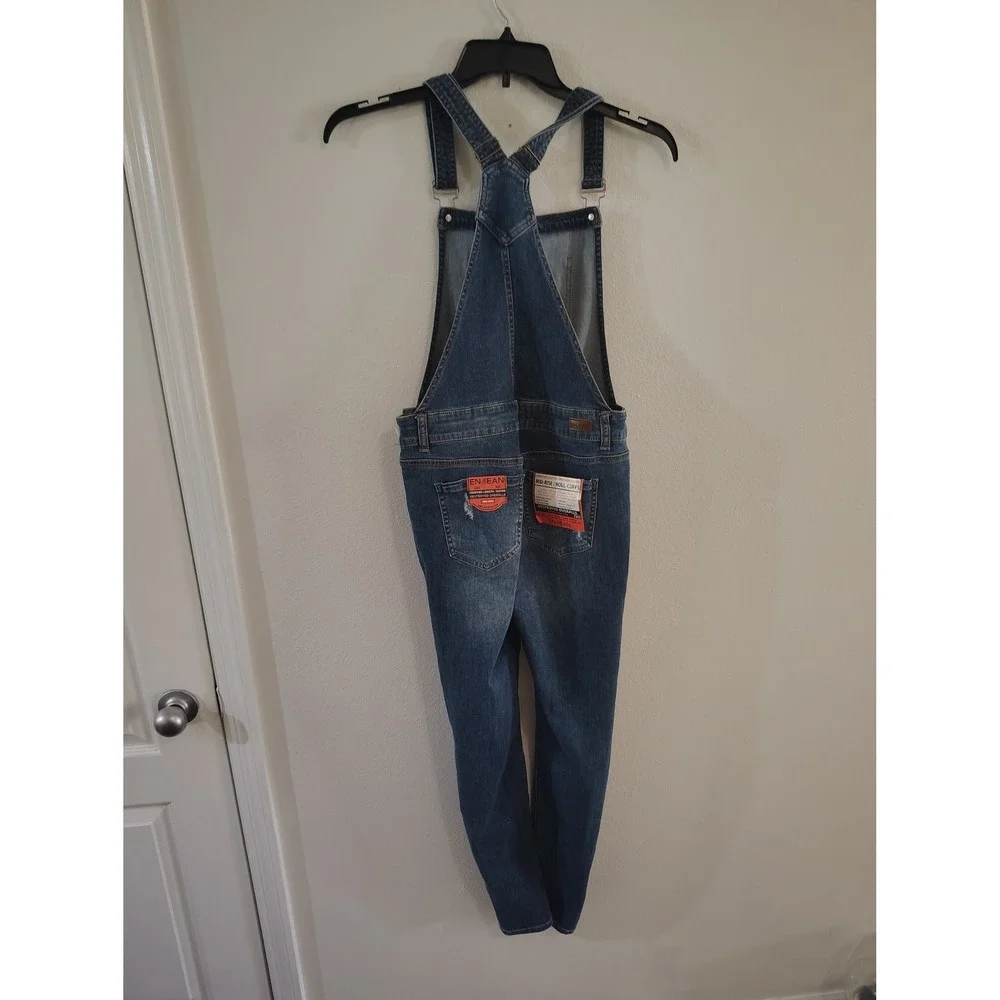 Enjean Womens Distressed Denim Overalls Medium Wash Relaxed‎ Skinny EOP903 L